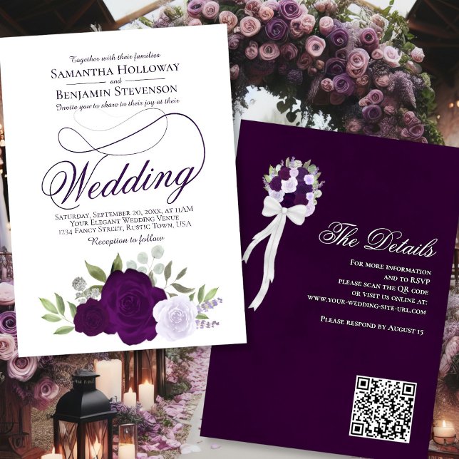 Elegant Purple Boho Roses Floral QR Code Wedding Invitation (Front/Back)