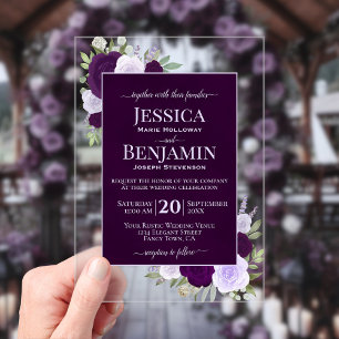 Elegant Purple Boho Roses Stylish Text Wedding Acrylic Invitations