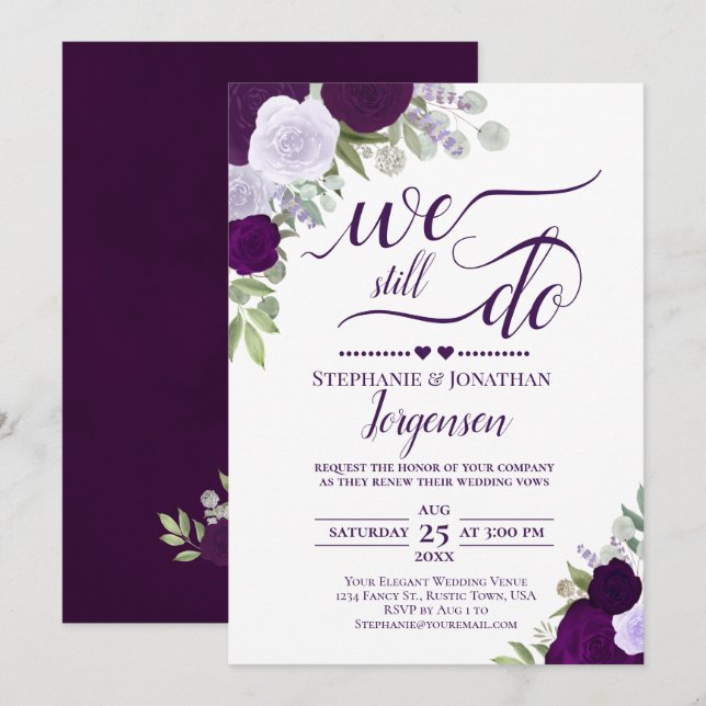 Elegant Purple Boho Roses We Still Do Vow Renewal Invitation (Front/Back)