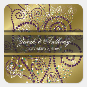 Elegant Purple Boho Spirals Gold Wedding Stickers