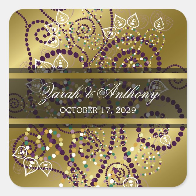 Elegant Purple Boho Spirals Gold Wedding Stickers (Front)