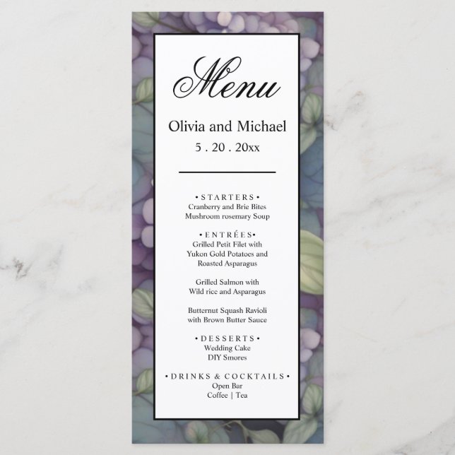 Elegant purple boho watercolor floral Wedding Menu (Front)