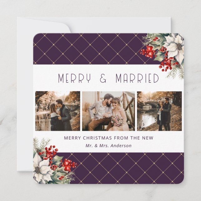 Elegant Purple Botanical Newlywed Holiday Card (Front)
