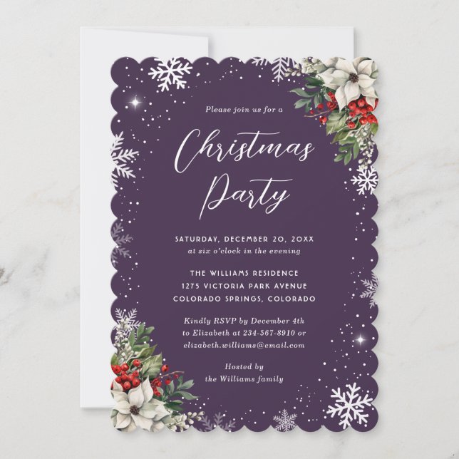 Elegant Purple Botanical Snowflake Christmas Party Invitation (Front)