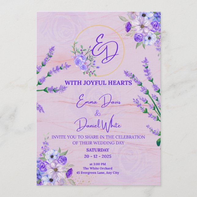 Elegant Purple Botanical Wedding Invitation (Front)