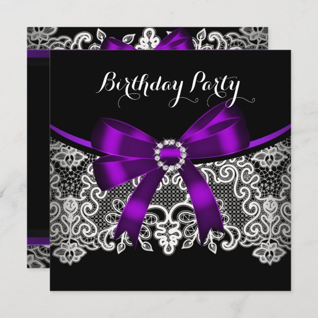 Elegant Purple Bow Black Lace White Birthday Invitation (Front/Back)