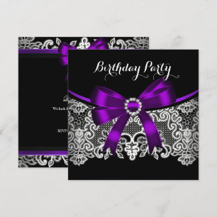 Elegant Purple Bow Black Lace White Birthday Invitation