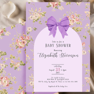 Elegant Purple Bow Girly Floral Baby Shower Invitation