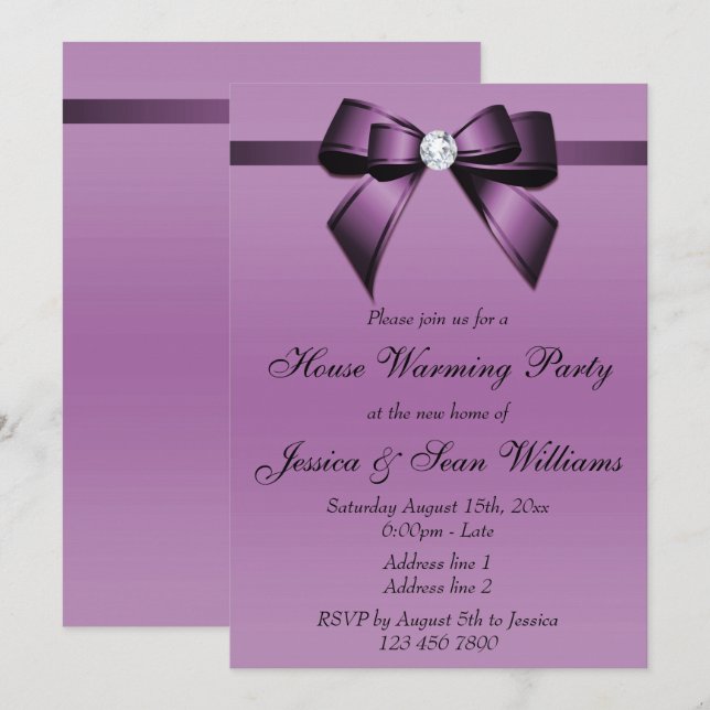 Elegant Purple Bow House Warming Party Invitation (Front/Back)