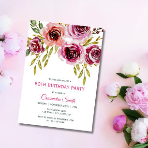 Elegant Purple Brown Rose Floral Birthday  Invitation