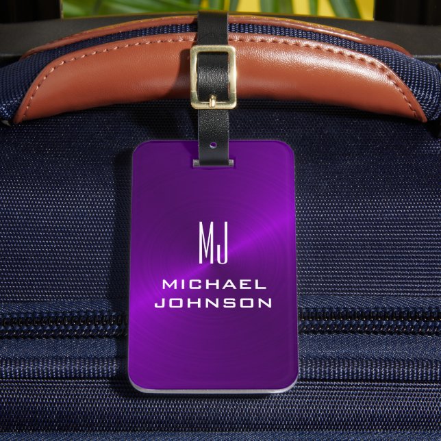 Elegant Purple Brushed Metallic Monogrammed  Luggage Tag (Front Insitu 2)