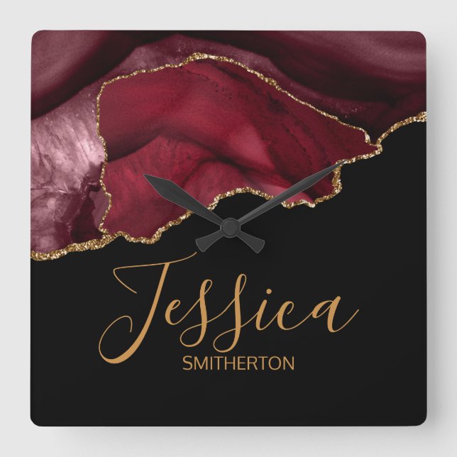 Elegant Purple Burgundy Gold Marble Agate Name  Square Wall Clock (Front)