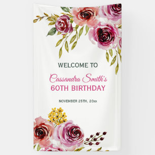 Elegant Purple Burgundy Rose Floral Birthday Banner