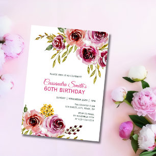 Elegant Purple Burgundy Rose Floral Birthday  Invitation