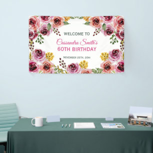 Elegant Purple Burgundy Rose Greenery Birthday  Banner