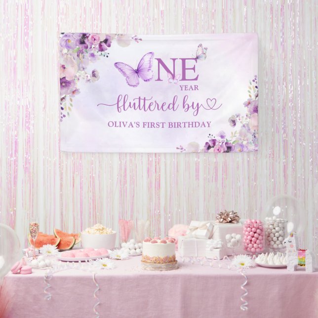 Elegant Purple Butterfly 1st Birthday Party Banner (Party)