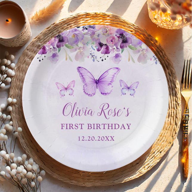 Elegant Purple Butterfly 1st Birthday Party Paper Plate (Creator Uploaded)