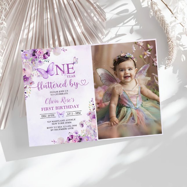 Elegant Purple Butterfly 1st Birthday Party Photo Invitation (Creator Uploaded)