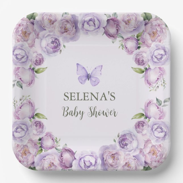 Elegant Purple Butterfly Baby Shower  Paper Plate (Front)