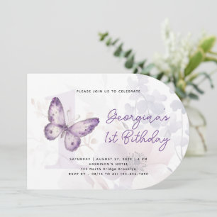 Elegant Purple Butterfly Floral First Birthday Invitation