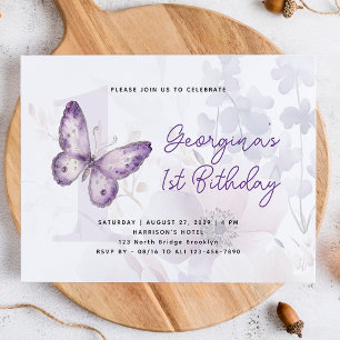 Elegant Purple Butterfly Floral First Birthday Invitation