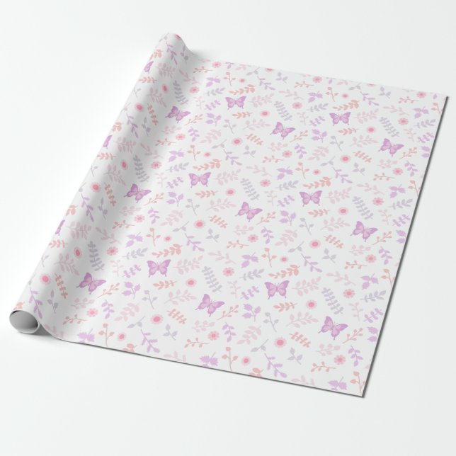 Elegant Purple Butterfly Floral Pattern Wrapping Paper (Unrolled)