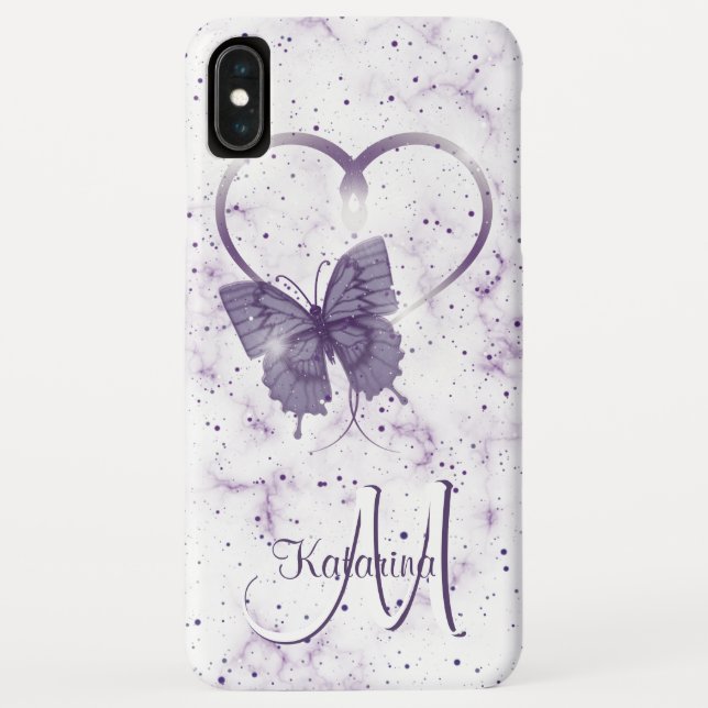 Elegant Purple Butterfly, Heart & Marble Monogram Case-Mate iPhone Case (Back)