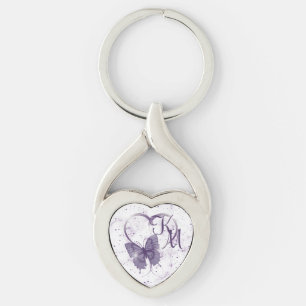 Elegant Purple Butterfly, Heart & Marble Monogram Key Ring