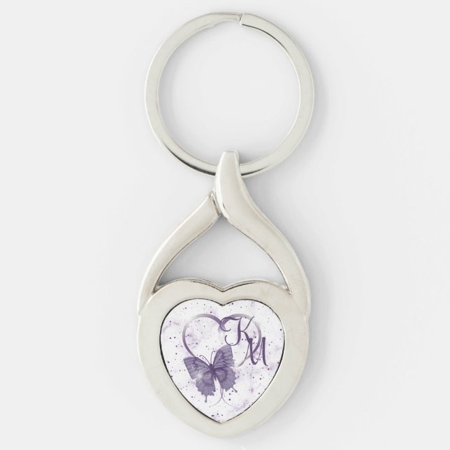 Elegant Purple Butterfly, Heart & Marble Monogram  Key Ring (Front)