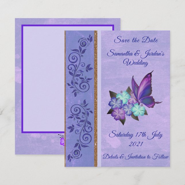 Elegant Purple Butterfly & Hibiscus Save The Date  Invitation (Front/Back)