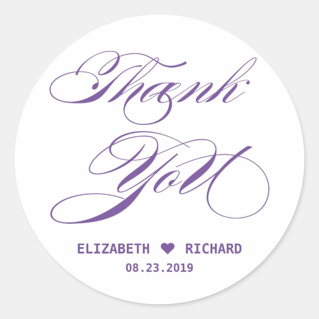 Elegant Purple Calligraphy Thank You Wedding Favou Classic Round Sticker (Front)