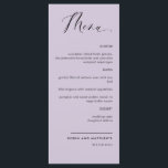 Elegant Purple, Calligraphy Wedding / Reception  Menu<br><div class="desc">Elegant purple wedding or dinner reception Menu card. Contemporary, simple and elegant design with beautiful modern hand written calligraphy. Front and back background colour in purple tone. Ability to change both front and / or back background colour by selecting "customise further". Design available in a variety of colour choices. Part...</div>