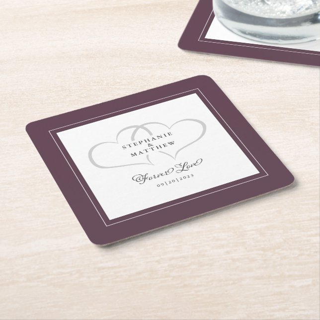 Elegant Purple Cassis Wedding Hearts Forever Love Square Paper Coaster (Angled)