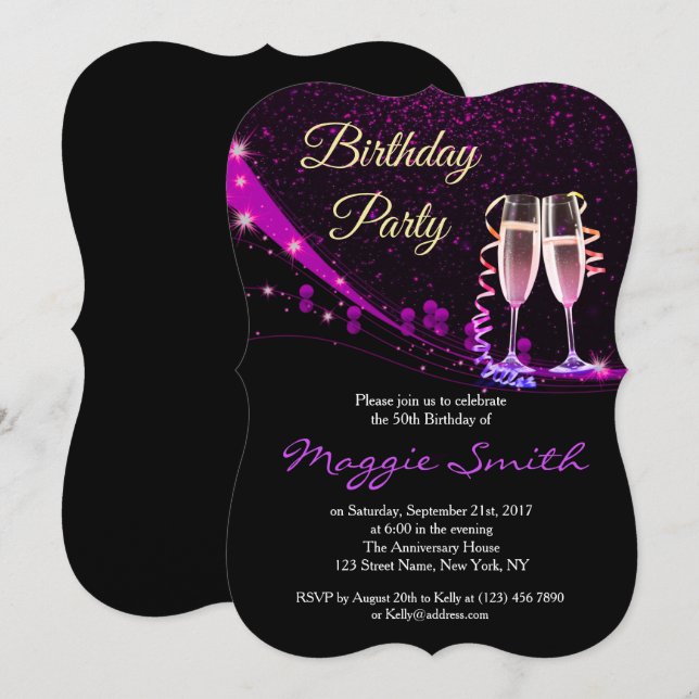 Elegant Purple Champagne Birthday Party Invite (Front/Back)