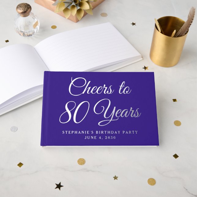 Elegant Purple Cheers to 80 Years 80th Birthday Guest Book (Front Open)