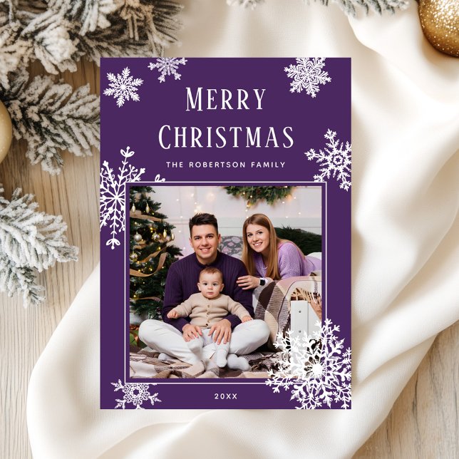 Elegant Purple Christmas Snowflakes Photo Holiday Card (Creator Uploaded)