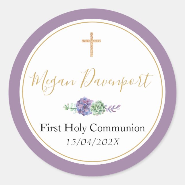 Elegant Purple Communion Favour Sticker (Front)