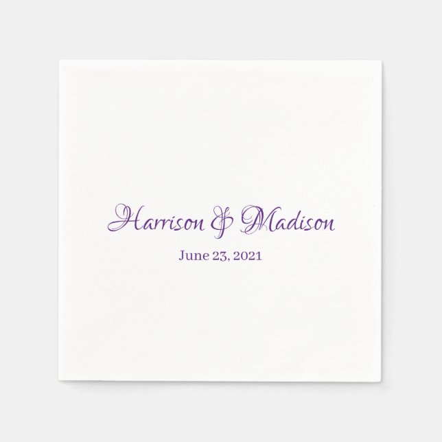 Elegant Purple Custom Script Names Date Wedding  Napkin (Front)