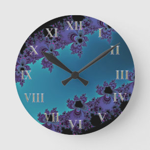 Elegant Purple Cyan Fractal Collection Round Clock