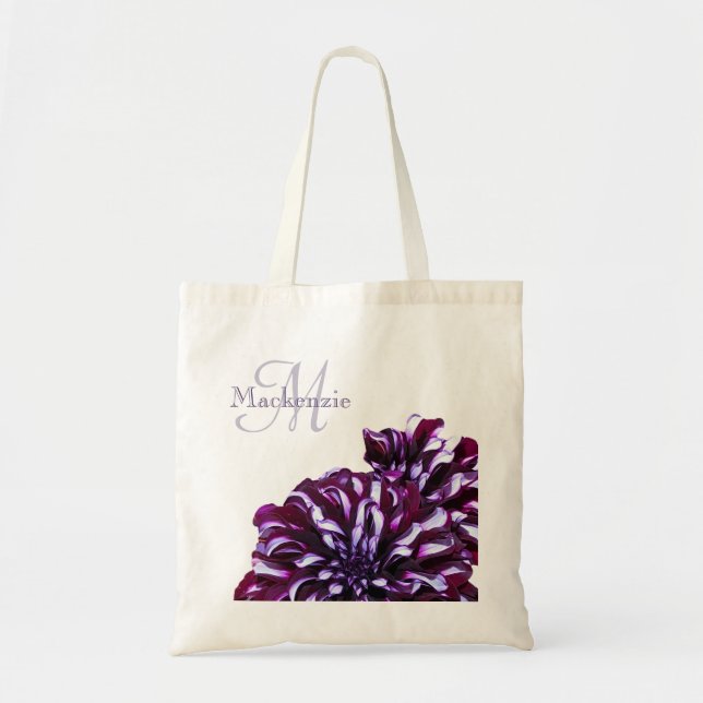 Elegant purple dahlia flowers monogram custom name tote bag (Front)