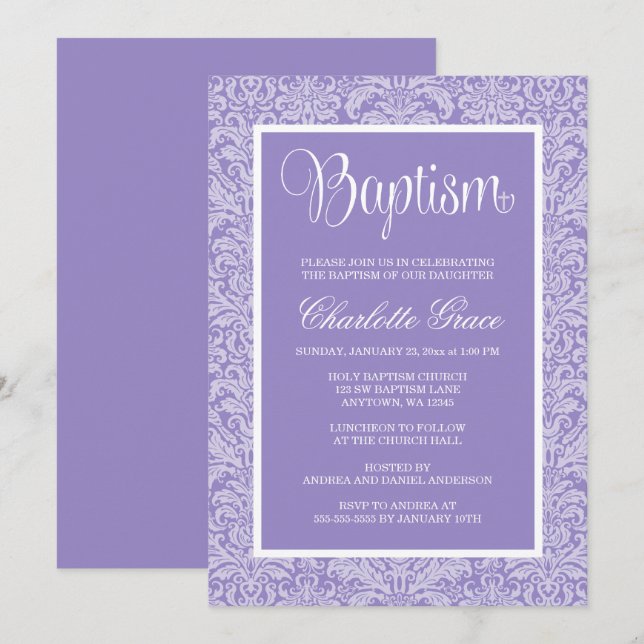 Elegant Purple Damask Girl Baptism Christening Invitation (Front/Back)
