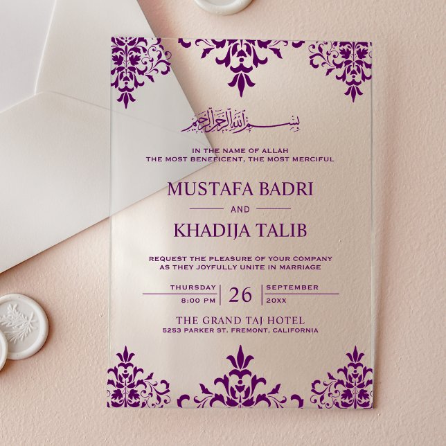 Elegant Purple Damask Islamic Wedding Acrylic Invitations (Creator Uploaded)