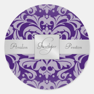 Elegant Purple Damask Monogram Wedding Sticker