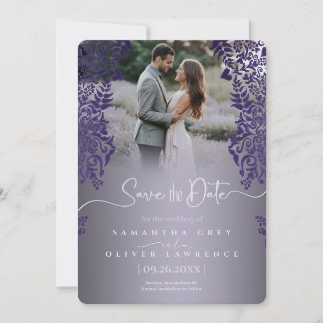 Elegant Purple Damask Save the Date Photo Card (Front)