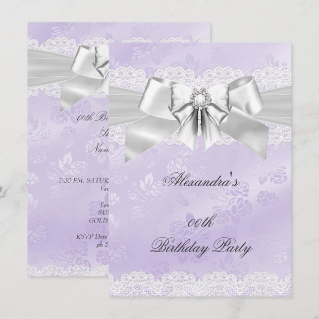 Elegant Purple Damask Silver White Birthday Party Invitation (Front/Back)