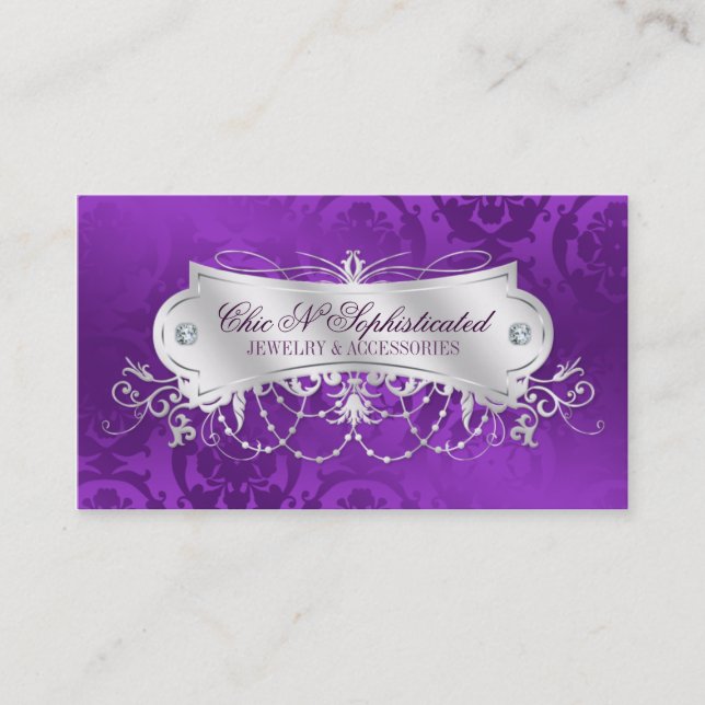 Elegant Purple Damask Swirl Business Card (Front)