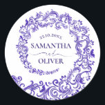 Elegant Purple Damask Wedding Classic Round Sticker<br><div class="desc">These purple wedding stickers combine royal elegance with lavender tones, styled as royal purple stickers or lavender wedding stickers. Elegant purple stickers add richness, while classic lavender stickers bring softness. Guests will love stylish lavender stickers, modern purple stickers, or bold purple stickers on invitations and favours. These ornate purple stickers...</div>