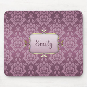 Elegant Purple Damask with Custom Name Mouse Mat