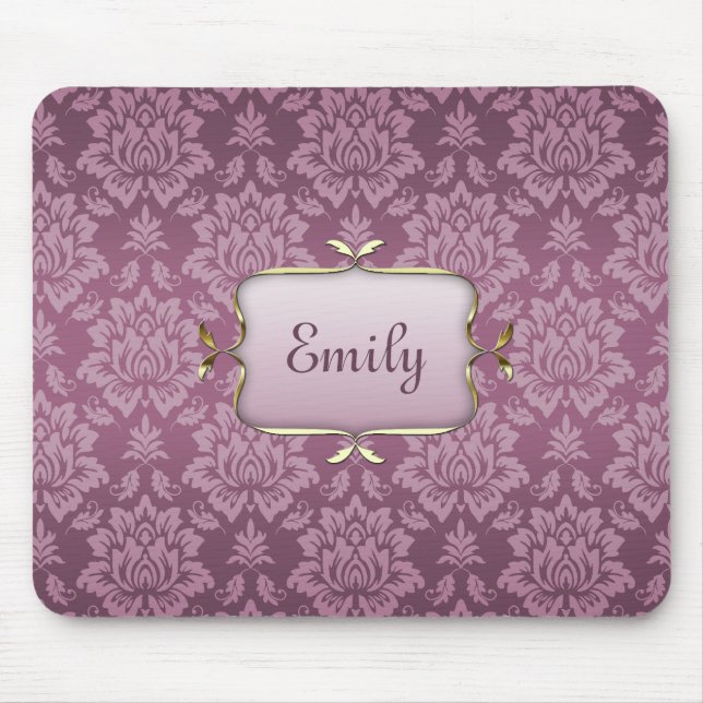 Elegant Purple Damask with Custom Name Mouse Mat (Front)
