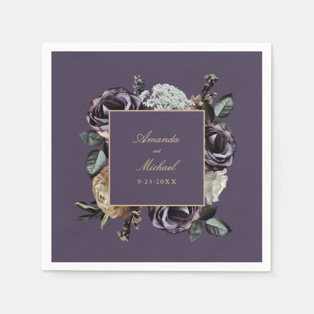 Elegant Purple Dark Floral Fall Wedding Napkin (Front)